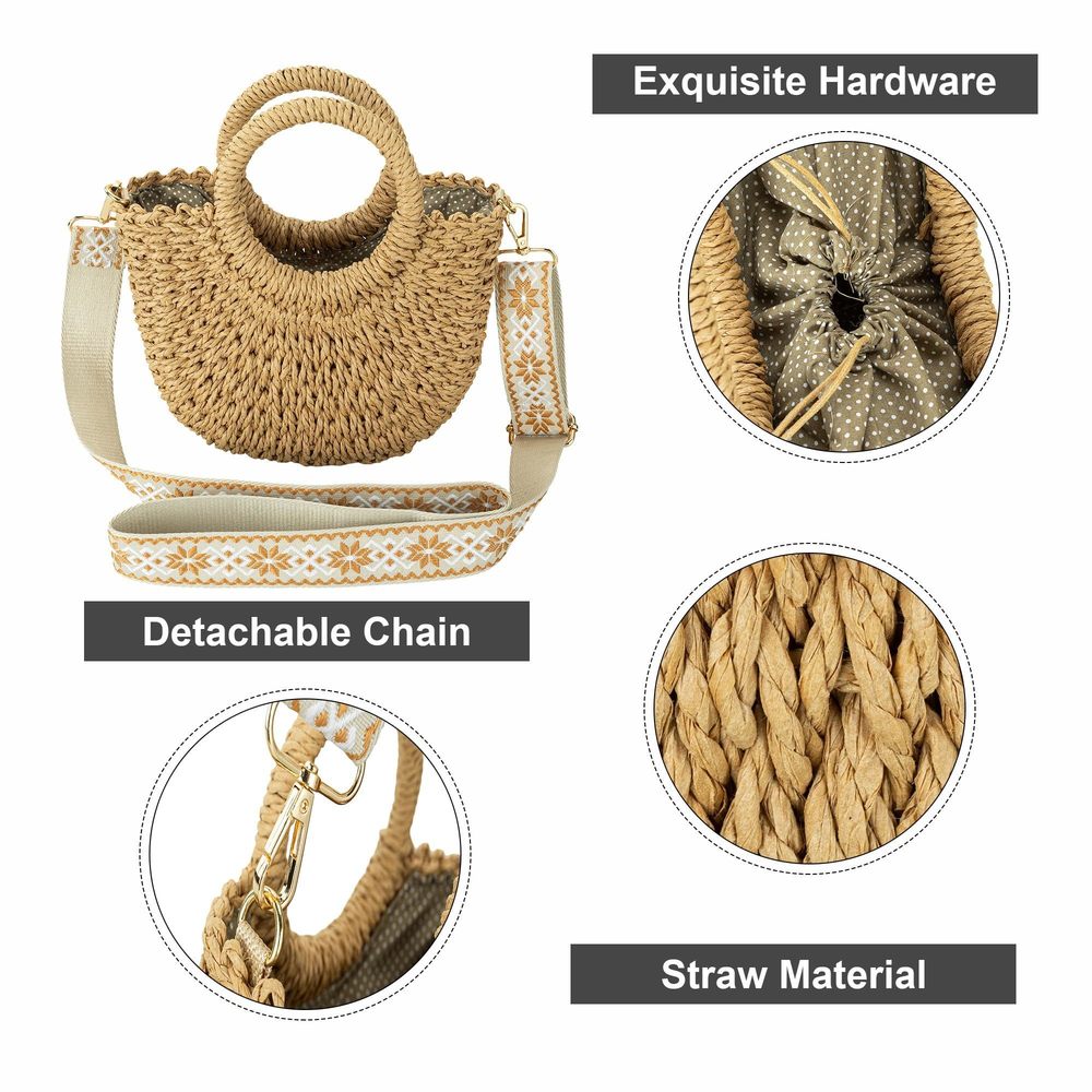 Straw Crossbody Handbags, Vacation Summer Beach Weave Purse Brown -_- - Picture 5 of 6